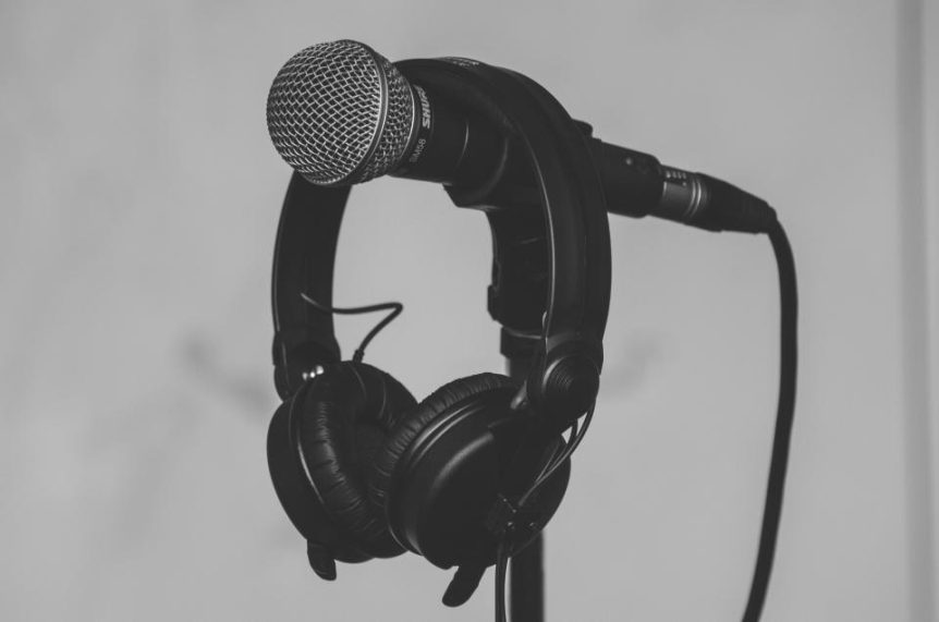 Microphone and headphones on a stand