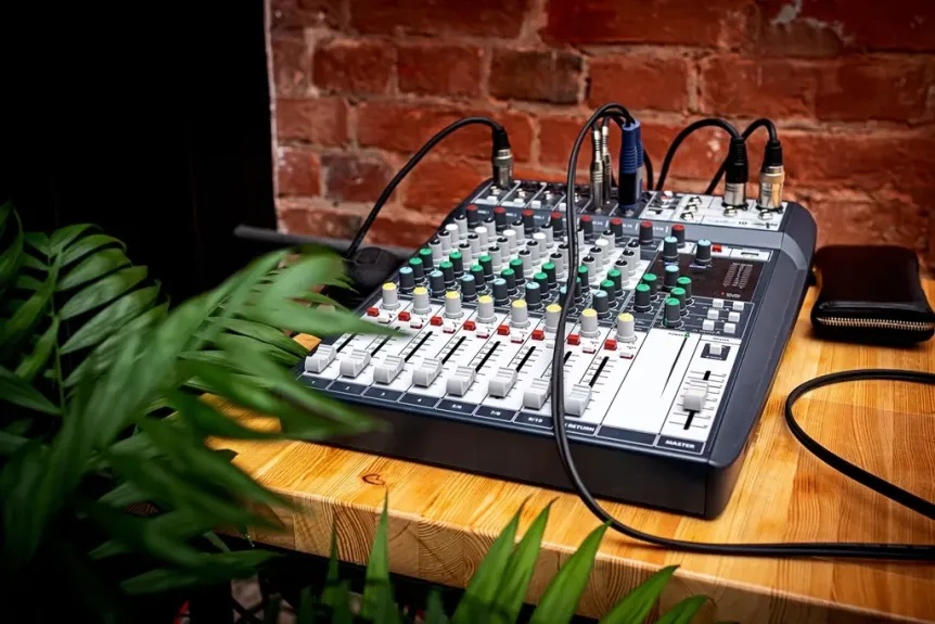 Small audio mixing console on a wooden table in front of a brick wall