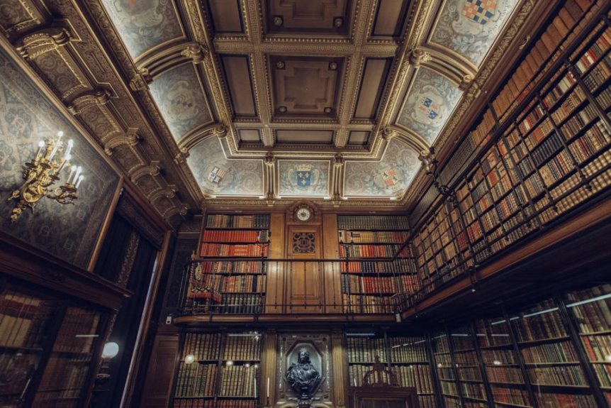 Grand library hall lined with bookshelves