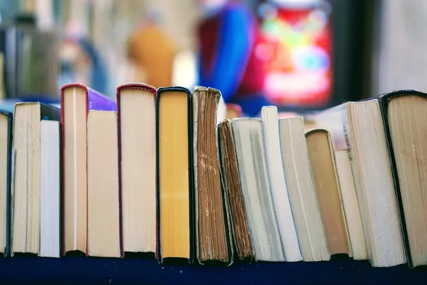 Row of books standing on a table