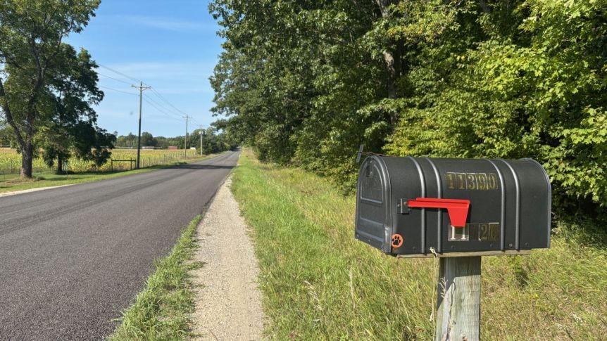 A black rural mailbox on a post beside a quiet country road